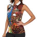 Fiji and Australia Together Women Sleeveless Polo Shirt Fijian Tapa Plants with Kangaroo and Aboriginal - Aussie Hoodie