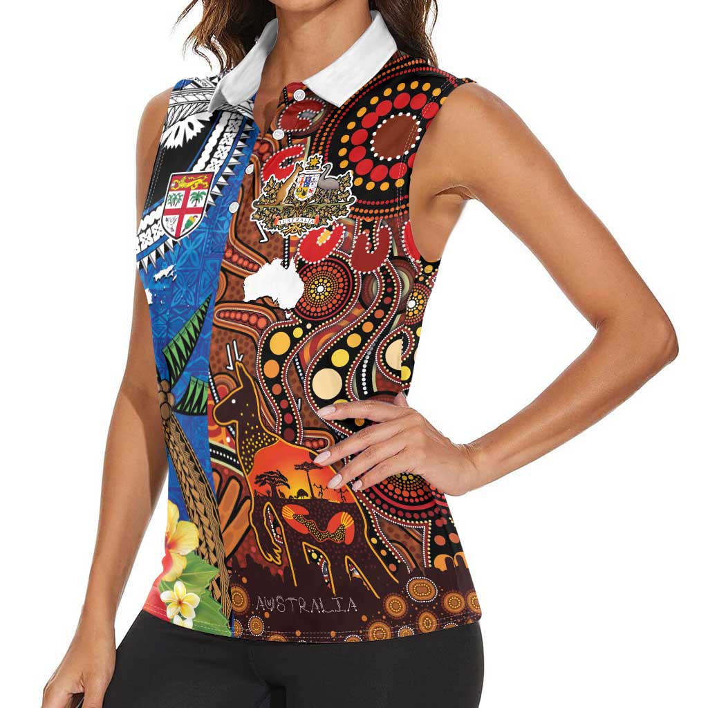 Fiji and Australia Together Women Sleeveless Polo Shirt Fijian Tapa Plants with Kangaroo and Aboriginal - Aussie Hoodie