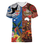 Fiji and Australia Together Women V-Neck T-Shirt Fijian Tapa Plants with Kangaroo and Aboriginal - Aussie Hoodie
