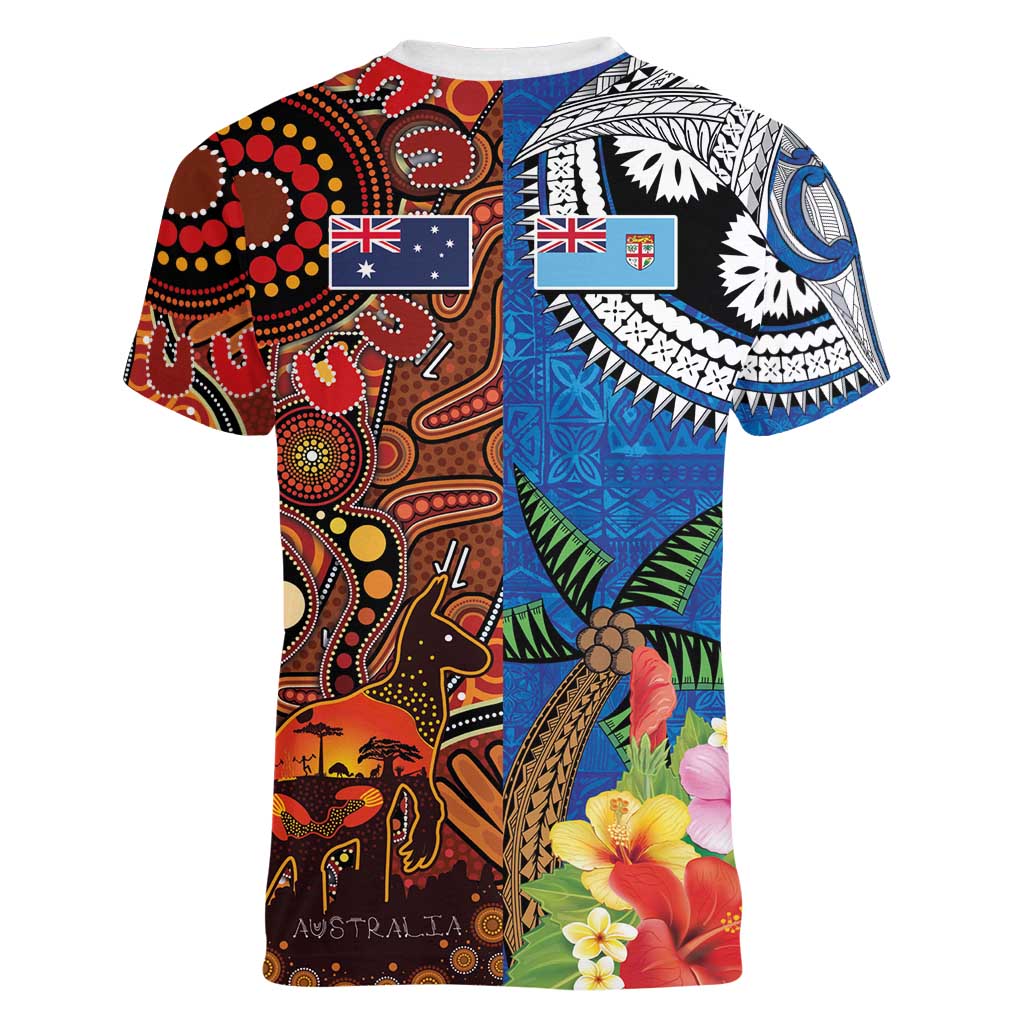Fiji and Australia Together Women V-Neck T-Shirt Fijian Tapa Plants with Kangaroo and Aboriginal - Aussie Hoodie