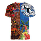 Fiji and Australia Together Women V-Neck T-Shirt Fijian Tapa Plants with Kangaroo and Aboriginal - Aussie Hoodie