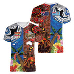 Fiji and Australia Together Women V-Neck T-Shirt Fijian Tapa Plants with Kangaroo and Aboriginal - Aussie Hoodie