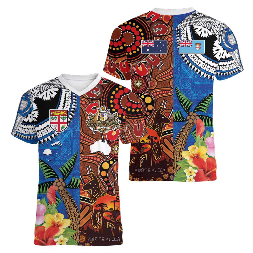 Fiji and Australia Together Women V-Neck T-Shirt Fijian Tapa Plants with Kangaroo and Aboriginal - Aussie Hoodie