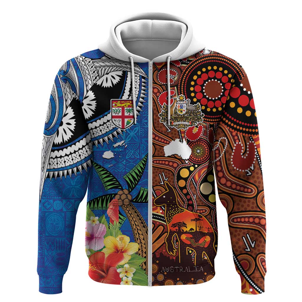 Fiji and Australia Together Zip Hoodie Fijian Tapa Plants with Kangaroo and Aboriginal - Aussie Hoodie