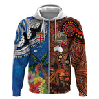 Fiji and Australia Together Zip Hoodie Fijian Tapa Plants with Kangaroo and Aboriginal - Aussie Hoodie