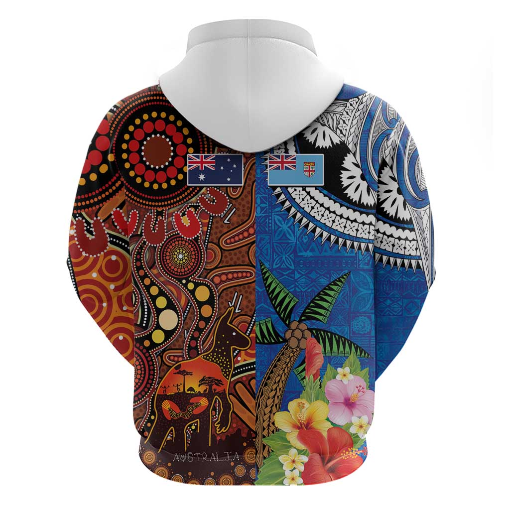 Fiji and Australia Together Zip Hoodie Fijian Tapa Plants with Kangaroo and Aboriginal - Aussie Hoodie