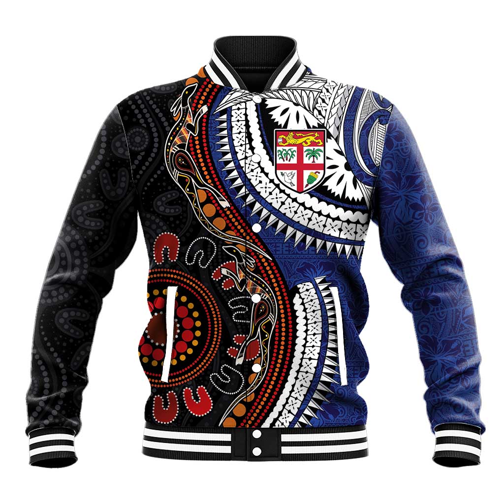 Fiji and Australia Together Baseball Jacket Kangaroo Aboriginal with Tribal Tapa Hibiscus Half Style - Aussie Hoodie