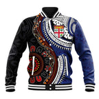 Fiji and Australia Together Baseball Jacket Kangaroo Aboriginal with Tribal Tapa Hibiscus Half Style - Aussie Hoodie