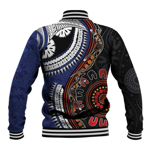 Fiji and Australia Together Baseball Jacket Kangaroo Aboriginal with Tribal Tapa Hibiscus Half Style - Aussie Hoodie