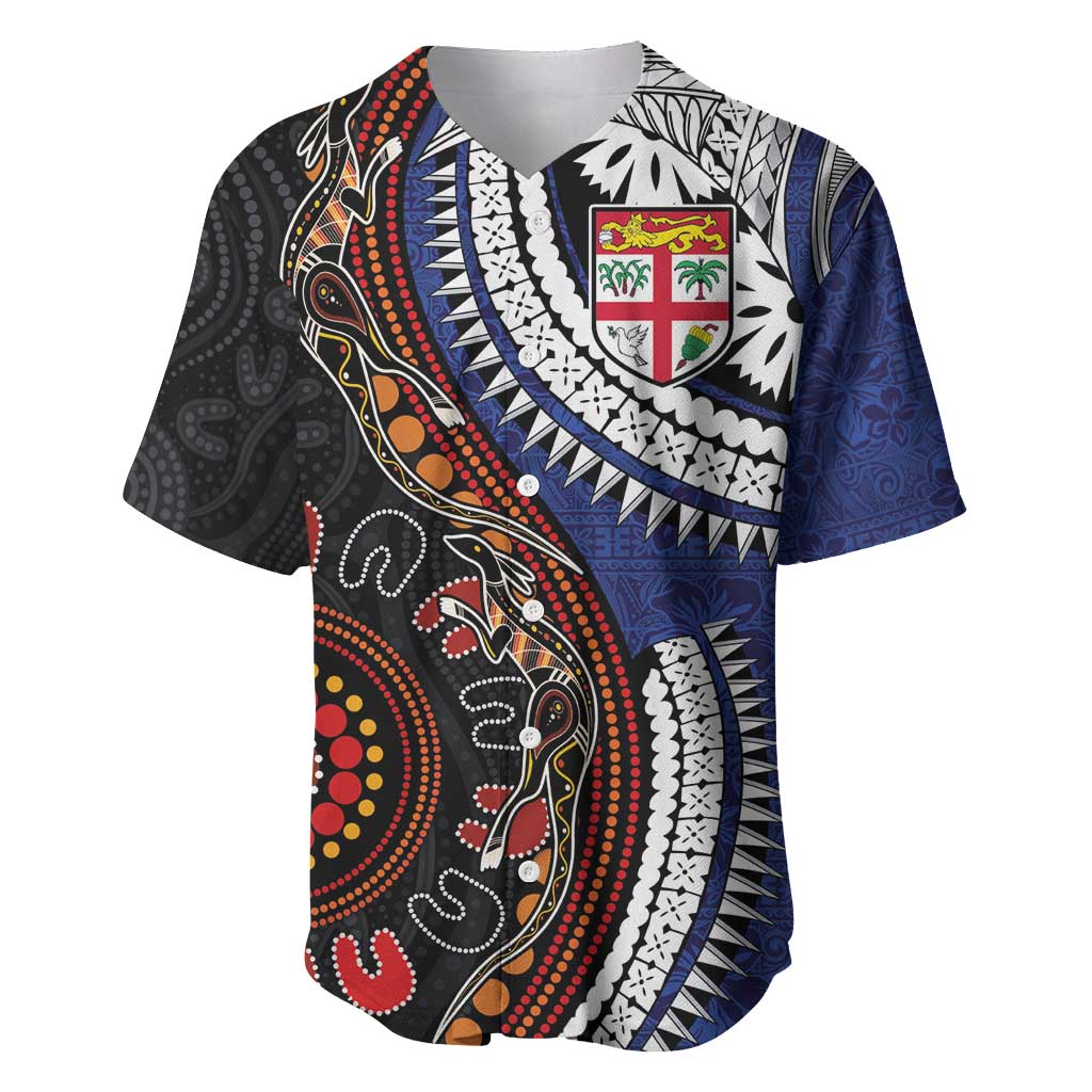 Fiji and Australia Together Baseball Jersey Kangaroo Aboriginal with Tribal Tapa Hibiscus Half Style - Aussie Hoodie