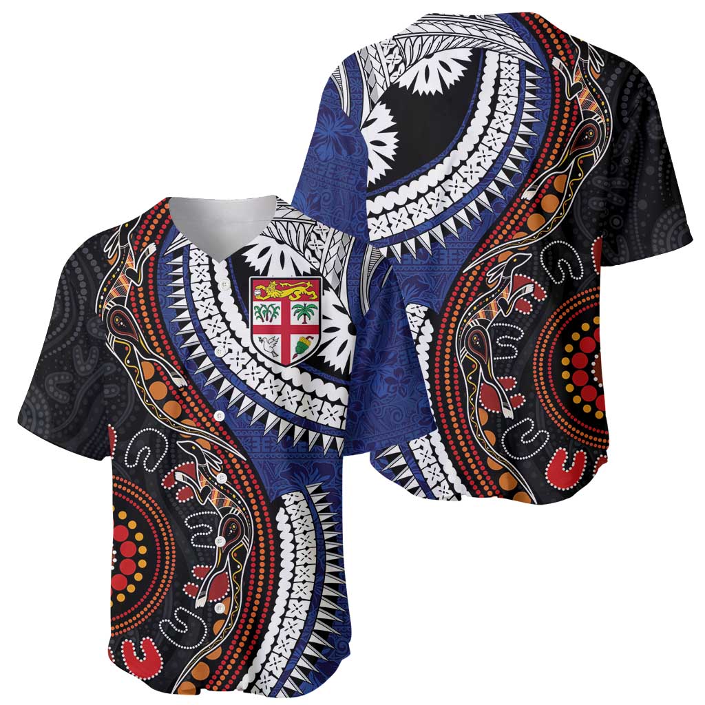 Fiji and Australia Together Baseball Jersey Kangaroo Aboriginal with Tribal Tapa Hibiscus Half Style - Aussie Hoodie