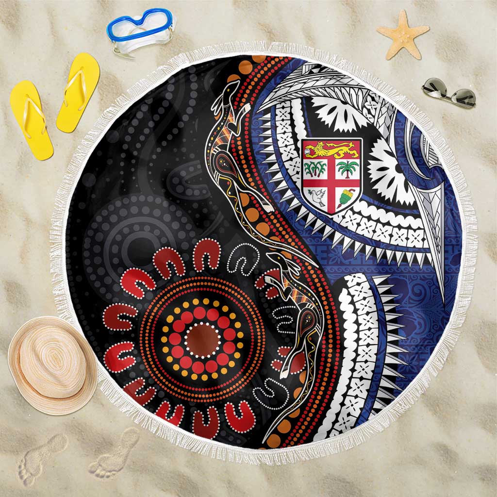 Fiji and Australia Together Beach Blanket Kangaroo Aboriginal with Tribal Tapa Hibiscus Half Style - Aussie Hoodie