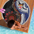 Fiji and Australia Together Beach Blanket Kangaroo Aboriginal with Tribal Tapa Hibiscus Half Style - Aussie Hoodie