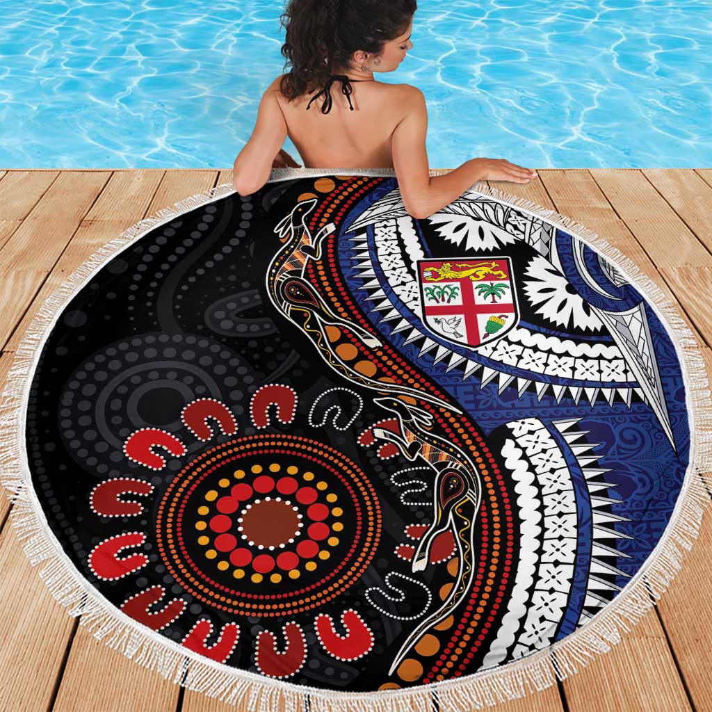 Fiji and Australia Together Beach Blanket Kangaroo Aboriginal with Tribal Tapa Hibiscus Half Style - Aussie Hoodie