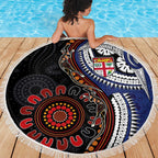 Fiji and Australia Together Beach Blanket Kangaroo Aboriginal with Tribal Tapa Hibiscus Half Style - Aussie Hoodie