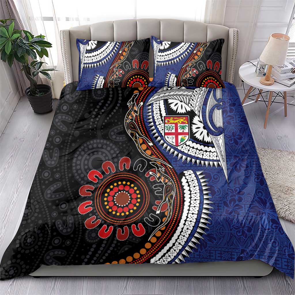 Fiji and Australia Together Bedding Set Kangaroo Aboriginal with Tribal Tapa Hibiscus Half Style - Aussie Hoodie