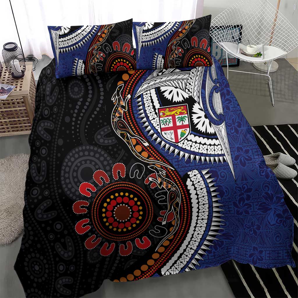 Fiji and Australia Together Bedding Set Kangaroo Aboriginal with Tribal Tapa Hibiscus Half Style - Aussie Hoodie