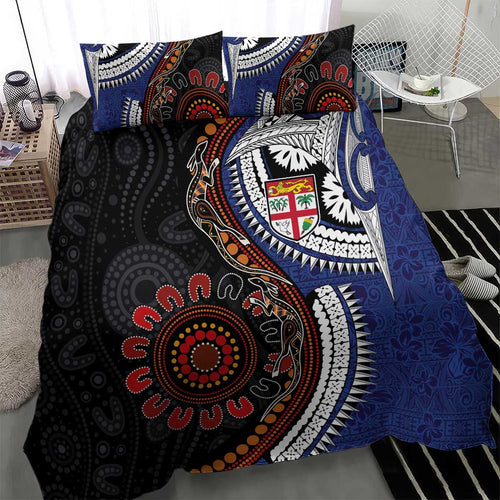 Fiji and Australia Together Bedding Set Kangaroo Aboriginal with Tribal Tapa Hibiscus Half Style - Aussie Hoodie