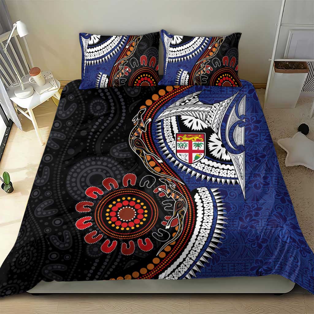 Fiji and Australia Together Bedding Set Kangaroo Aboriginal with Tribal Tapa Hibiscus Half Style - Aussie Hoodie