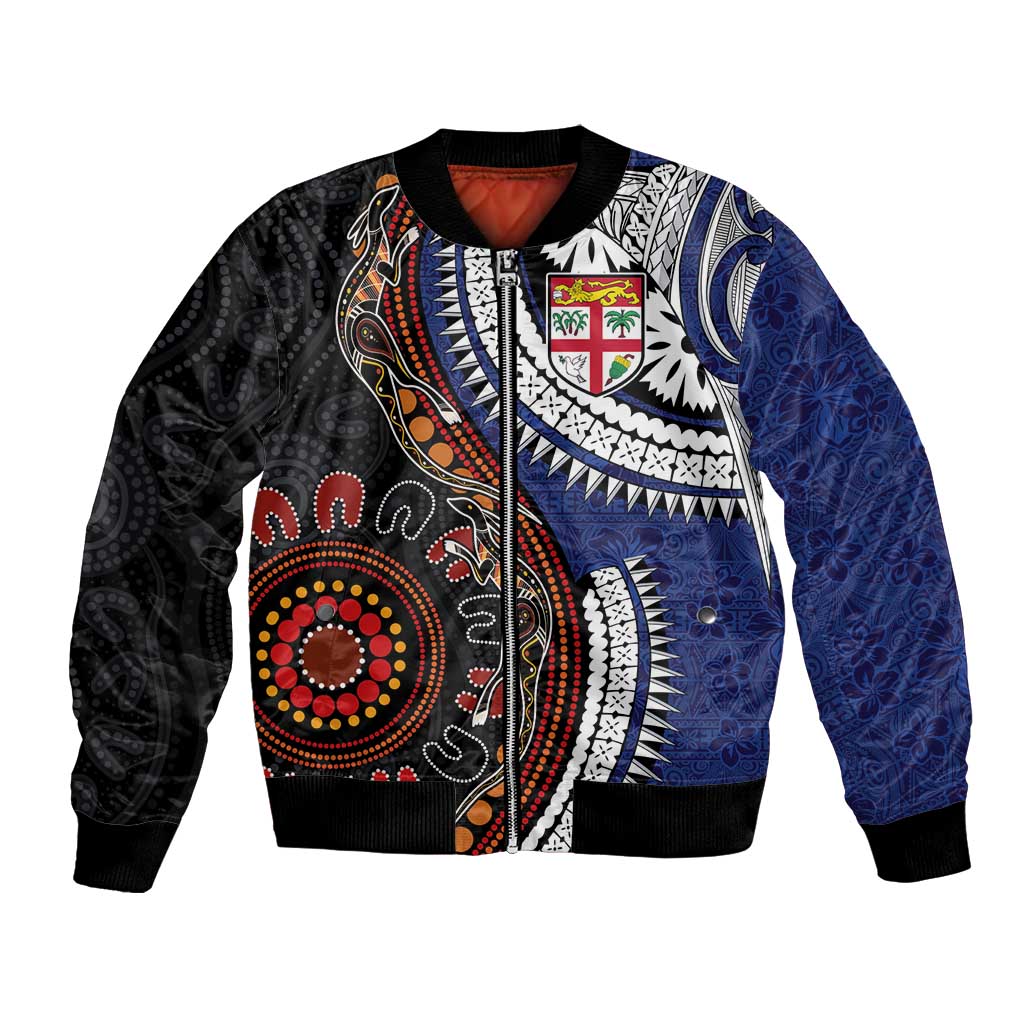 Fiji and Australia Together Bomber Jacket Kangaroo Aboriginal with Tribal Tapa Hibiscus Half Style - Aussie Hoodie