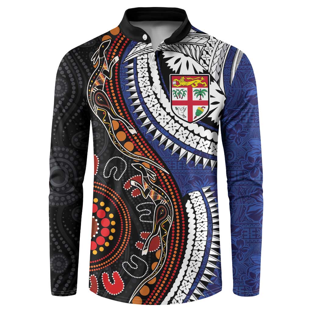 Fiji and Australia Together Button Sweatshirt Kangaroo Aboriginal with Tribal Tapa Hibiscus Half Style - Aussie Hoodie