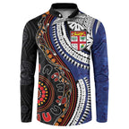 Fiji and Australia Together Button Sweatshirt Kangaroo Aboriginal with Tribal Tapa Hibiscus Half Style - Aussie Hoodie