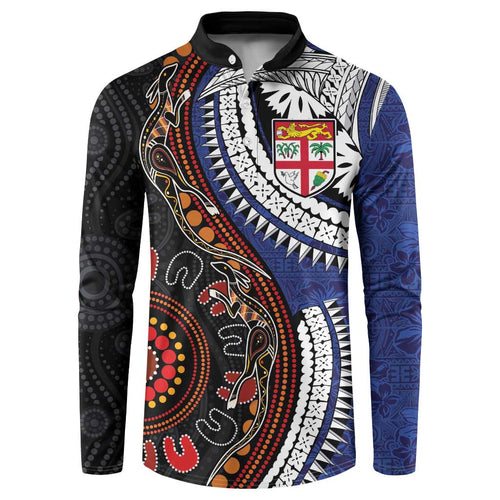 Fiji and Australia Together Button Sweatshirt Kangaroo Aboriginal with Tribal Tapa Hibiscus Half Style - Aussie Hoodie