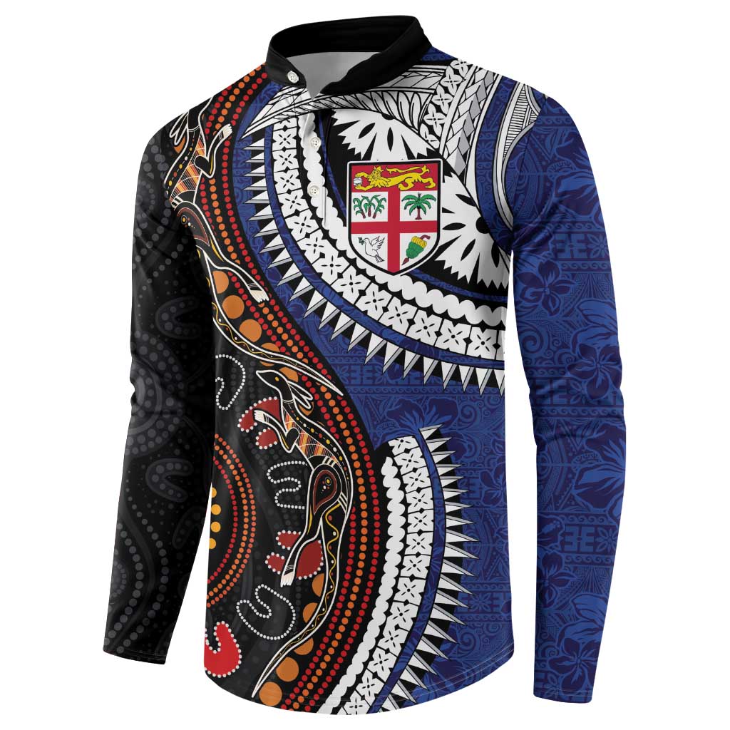 Fiji and Australia Together Button Sweatshirt Kangaroo Aboriginal with Tribal Tapa Hibiscus Half Style - Aussie Hoodie