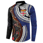 Fiji and Australia Together Button Sweatshirt Kangaroo Aboriginal with Tribal Tapa Hibiscus Half Style - Aussie Hoodie
