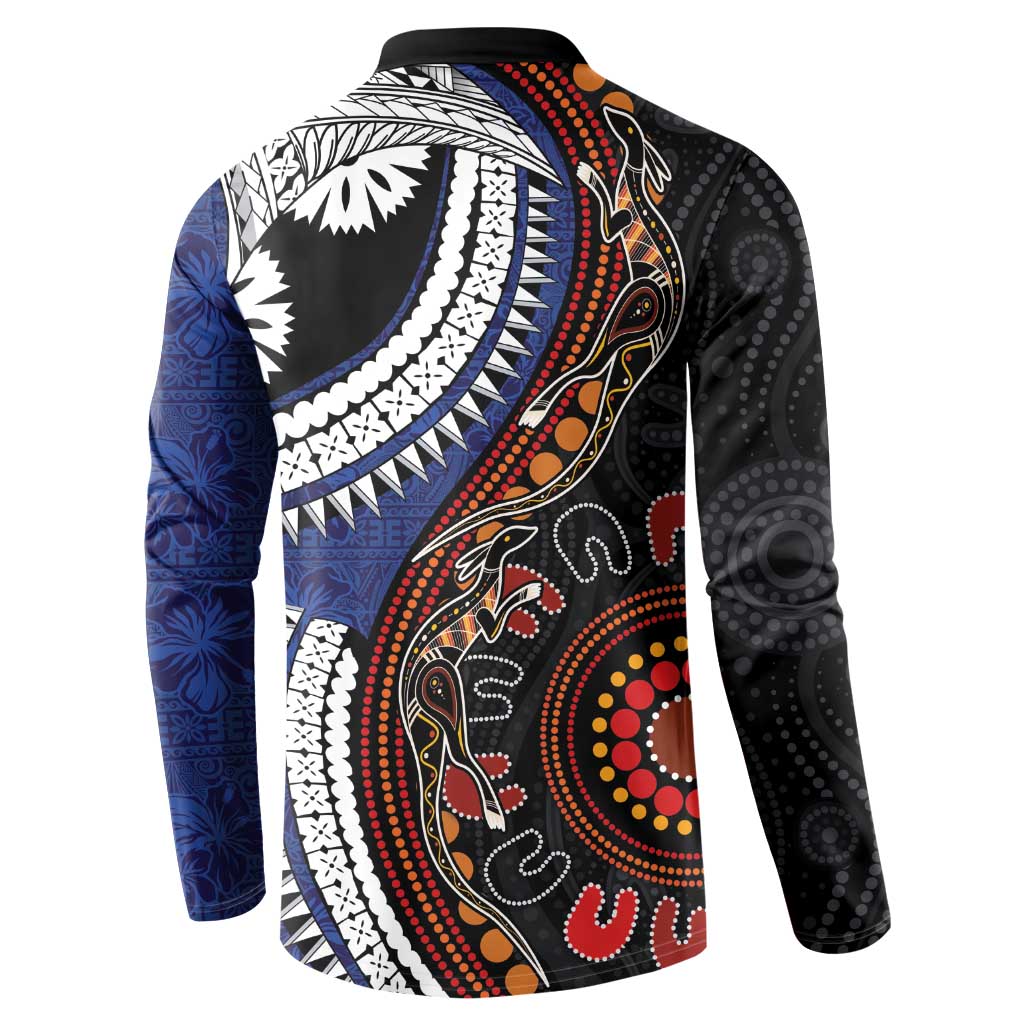 Fiji and Australia Together Button Sweatshirt Kangaroo Aboriginal with Tribal Tapa Hibiscus Half Style - Aussie Hoodie