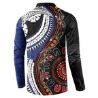 Fiji and Australia Together Button Sweatshirt Kangaroo Aboriginal with Tribal Tapa Hibiscus Half Style - Aussie Hoodie