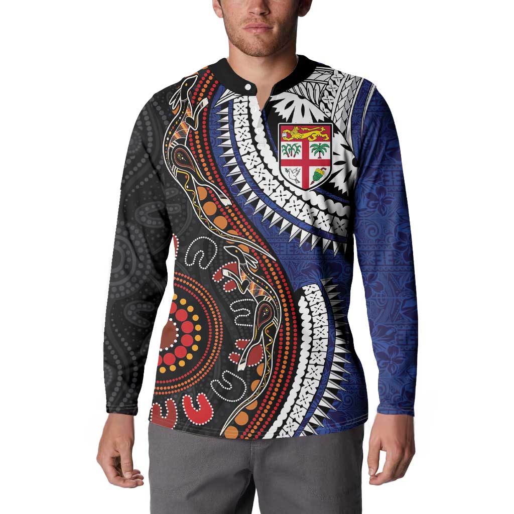 Fiji and Australia Together Button Sweatshirt Kangaroo Aboriginal with Tribal Tapa Hibiscus Half Style - Aussie Hoodie