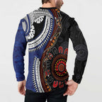 Fiji and Australia Together Button Sweatshirt Kangaroo Aboriginal with Tribal Tapa Hibiscus Half Style - Aussie Hoodie