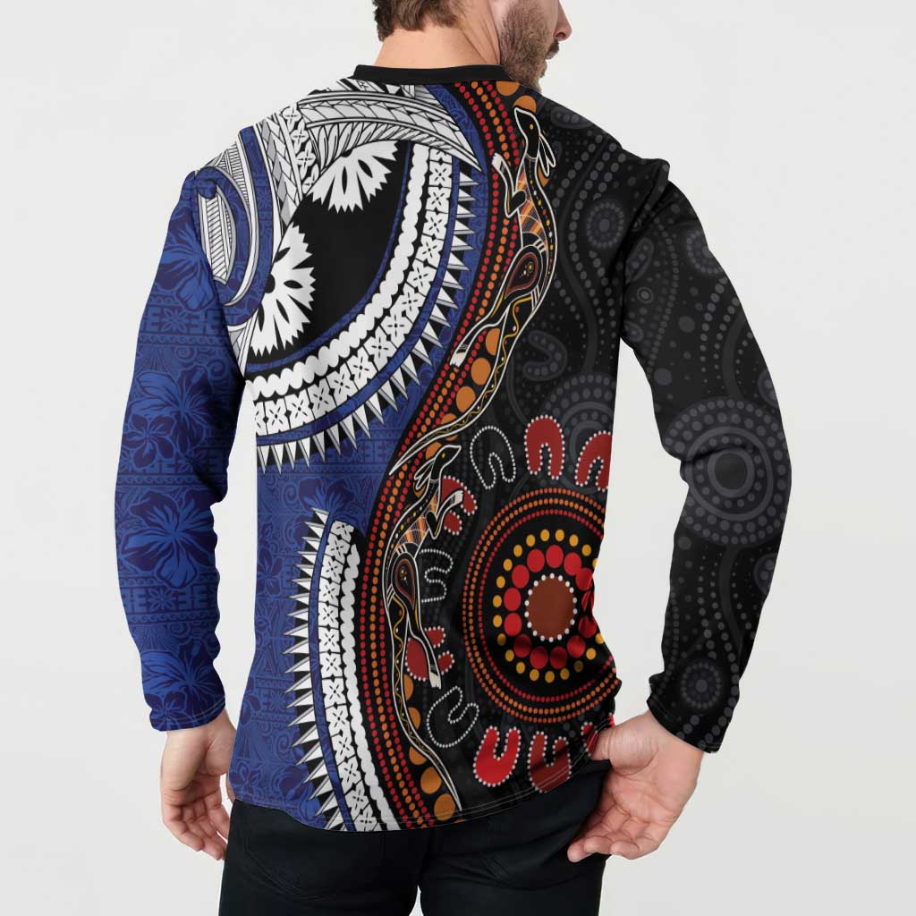 Fiji and Australia Together Button Sweatshirt Kangaroo Aboriginal with Tribal Tapa Hibiscus Half Style - Aussie Hoodie