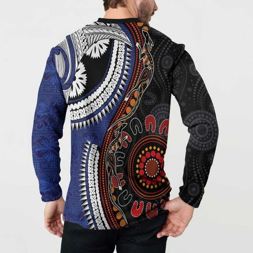 Fiji and Australia Together Button Sweatshirt Kangaroo Aboriginal with Tribal Tapa Hibiscus Half Style - Aussie Hoodie