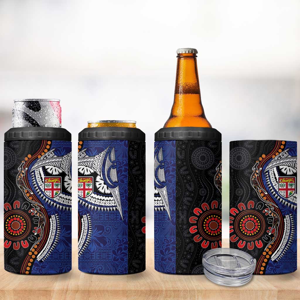 Fiji and Australia Together 4 in 1 Can Cooler Tumbler Kangaroo Aboriginal with Tribal Tapa Hibiscus Half Style - Aussie Hoodie