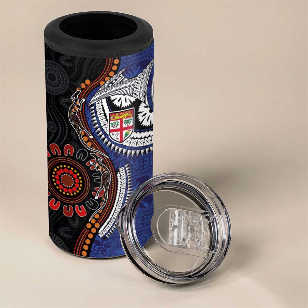 Fiji and Australia Together 4 in 1 Can Cooler Tumbler Kangaroo Aboriginal with Tribal Tapa Hibiscus Half Style - Aussie Hoodie