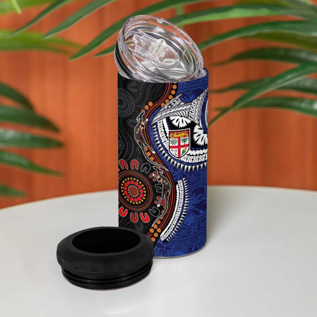 Fiji and Australia Together 4 in 1 Can Cooler Tumbler Kangaroo Aboriginal with Tribal Tapa Hibiscus Half Style - Aussie Hoodie