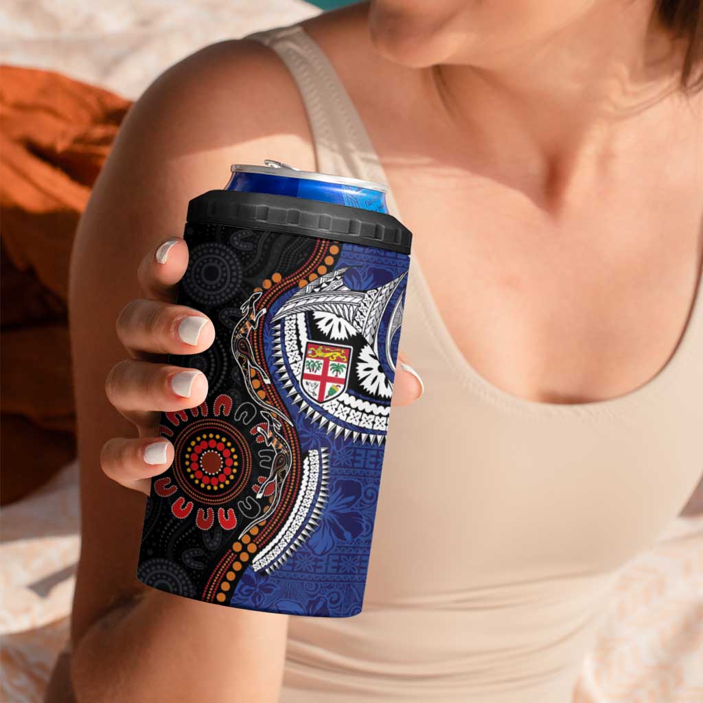 Fiji and Australia Together 4 in 1 Can Cooler Tumbler Kangaroo Aboriginal with Tribal Tapa Hibiscus Half Style - Aussie Hoodie