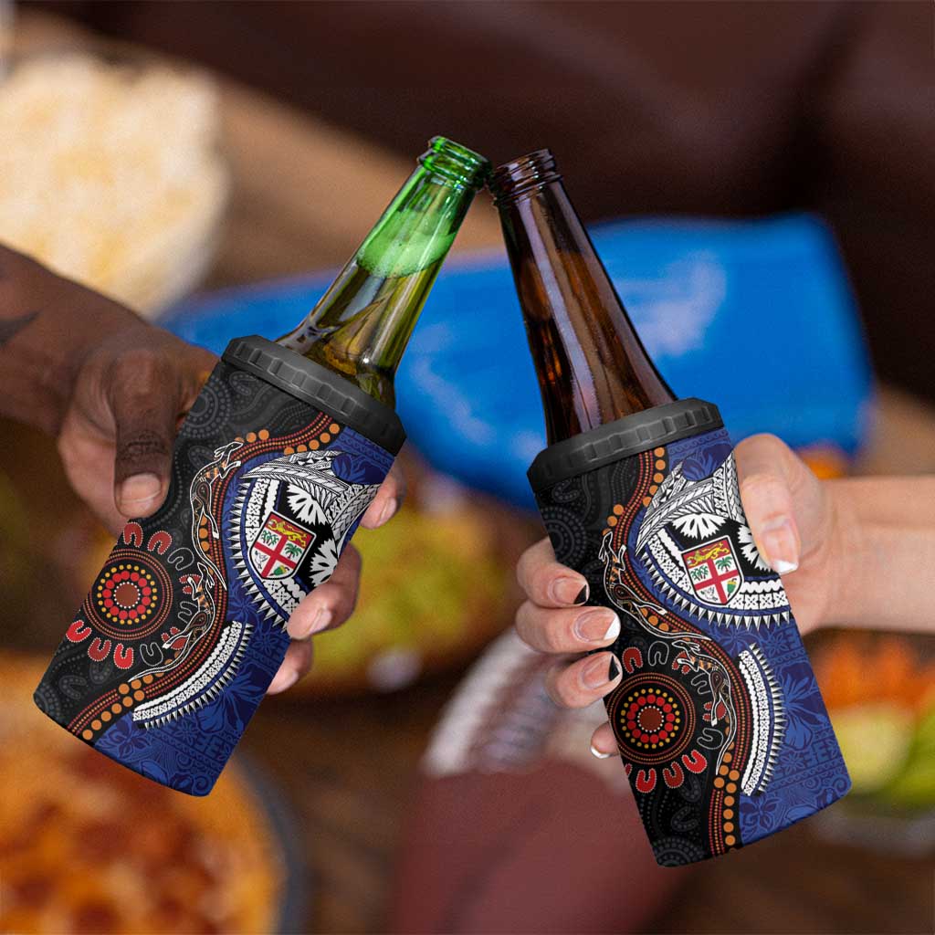 Fiji and Australia Together 4 in 1 Can Cooler Tumbler Kangaroo Aboriginal with Tribal Tapa Hibiscus Half Style - Aussie Hoodie