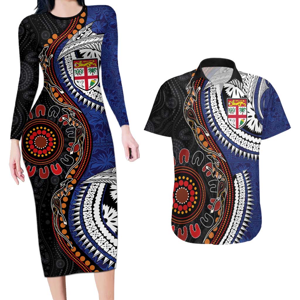 Fiji and Australia Together Couples Matching Long Sleeve Bodycon Dress and Hawaiian Shirt Kangaroo Aboriginal with Tribal Tapa Hibiscus Half Style - Aussie Hoodie