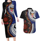 Fiji and Australia Together Couples Matching Long Sleeve Bodycon Dress and Hawaiian Shirt Kangaroo Aboriginal with Tribal Tapa Hibiscus Half Style - Aussie Hoodie
