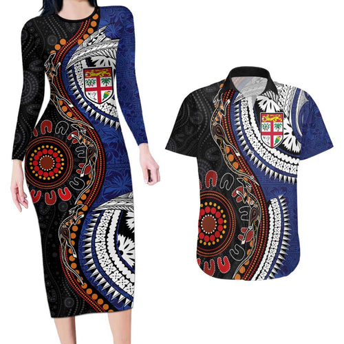 Fiji and Australia Together Couples Matching Long Sleeve Bodycon Dress and Hawaiian Shirt Kangaroo Aboriginal with Tribal Tapa Hibiscus Half Style - Aussie Hoodie