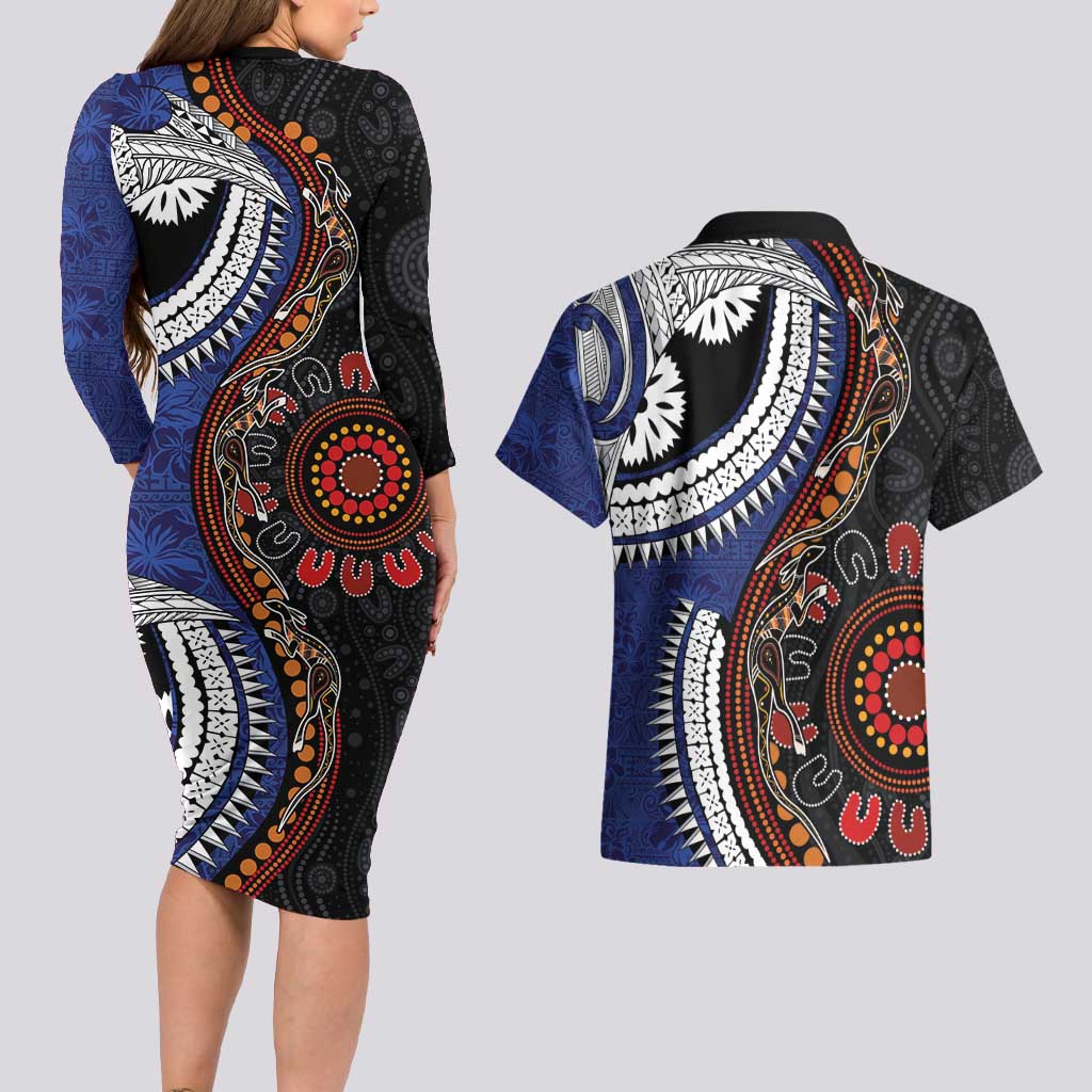 Fiji and Australia Together Couples Matching Long Sleeve Bodycon Dress and Hawaiian Shirt Kangaroo Aboriginal with Tribal Tapa Hibiscus Half Style - Aussie Hoodie