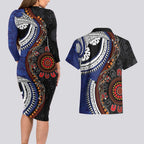 Fiji and Australia Together Couples Matching Long Sleeve Bodycon Dress and Hawaiian Shirt Kangaroo Aboriginal with Tribal Tapa Hibiscus Half Style - Aussie Hoodie