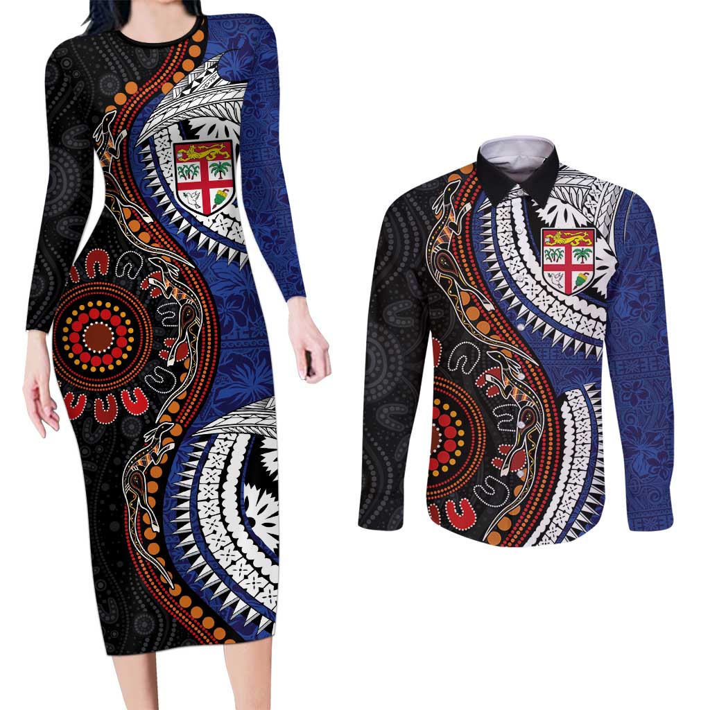 Fiji and Australia Together Couples Matching Long Sleeve Bodycon Dress and Long Sleeve Button Shirt Kangaroo Aboriginal with Tribal Tapa Hibiscus Half Style - Aussie Hoodie