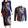 Fiji and Australia Together Couples Matching Long Sleeve Bodycon Dress and Long Sleeve Button Shirt Kangaroo Aboriginal with Tribal Tapa Hibiscus Half Style - Aussie Hoodie