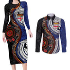 Fiji and Australia Together Couples Matching Long Sleeve Bodycon Dress and Long Sleeve Button Shirt Kangaroo Aboriginal with Tribal Tapa Hibiscus Half Style - Aussie Hoodie