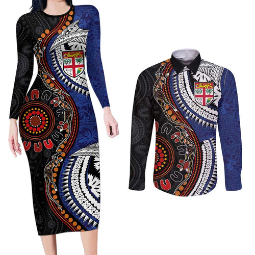 Fiji and Australia Together Couples Matching Long Sleeve Bodycon Dress and Long Sleeve Button Shirt Kangaroo Aboriginal with Tribal Tapa Hibiscus Half Style - Aussie Hoodie