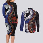Fiji and Australia Together Couples Matching Long Sleeve Bodycon Dress and Long Sleeve Button Shirt Kangaroo Aboriginal with Tribal Tapa Hibiscus Half Style - Aussie Hoodie